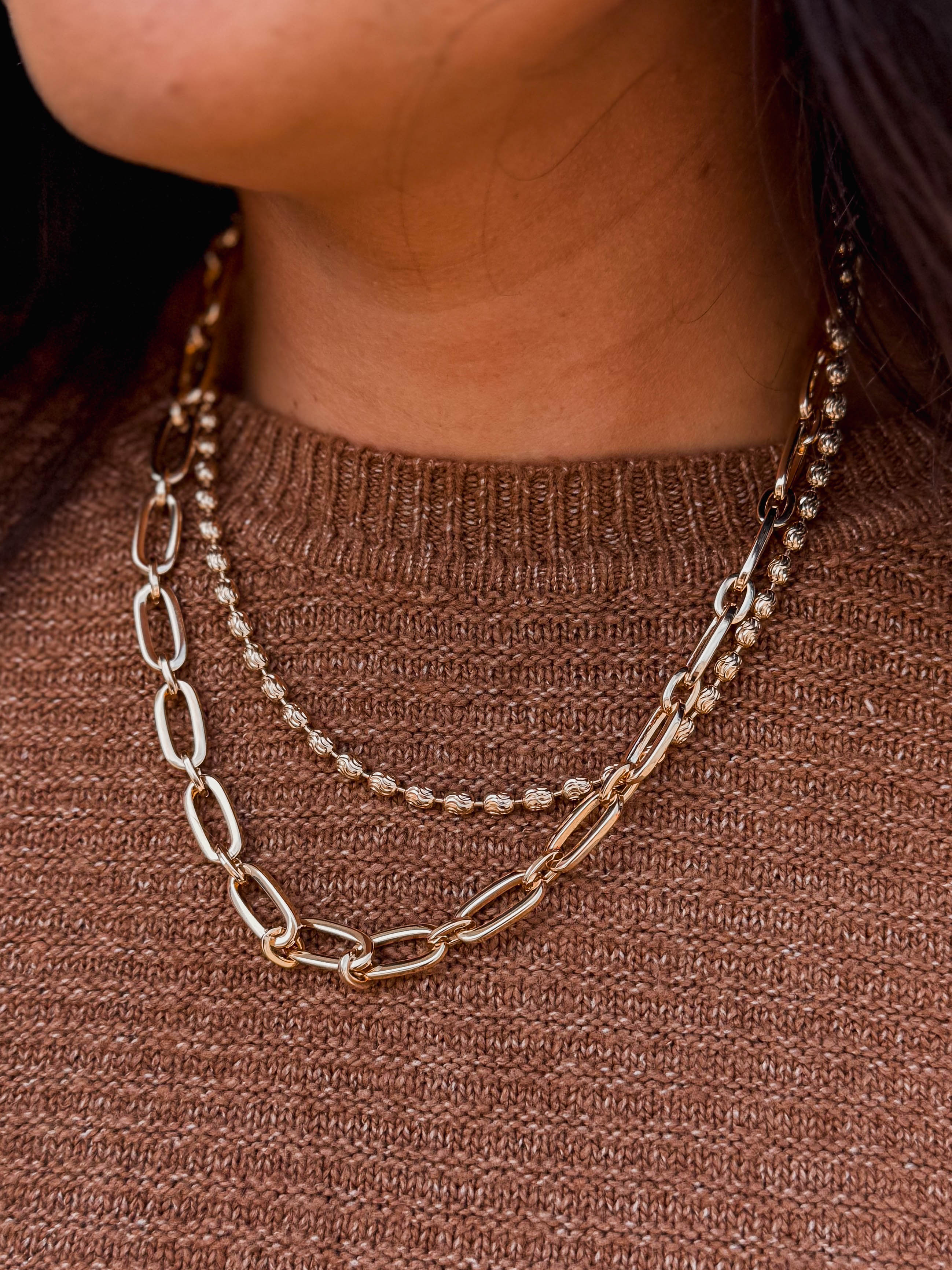 2 Layer Oval & Flat Chain Necklace-Gold - Image 3