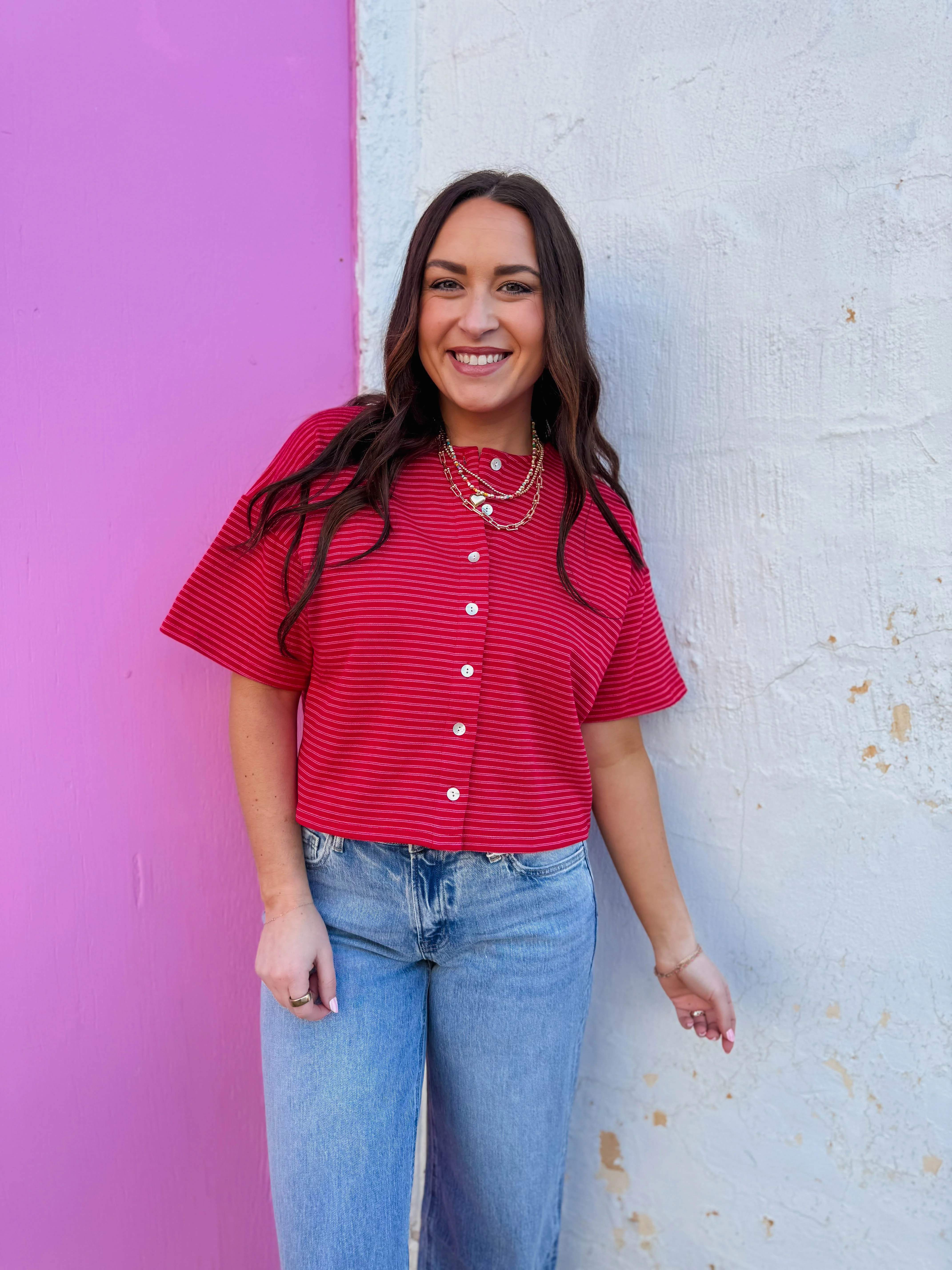 Camden Striped Button Down Tee-Cherry/Pink - Image 4