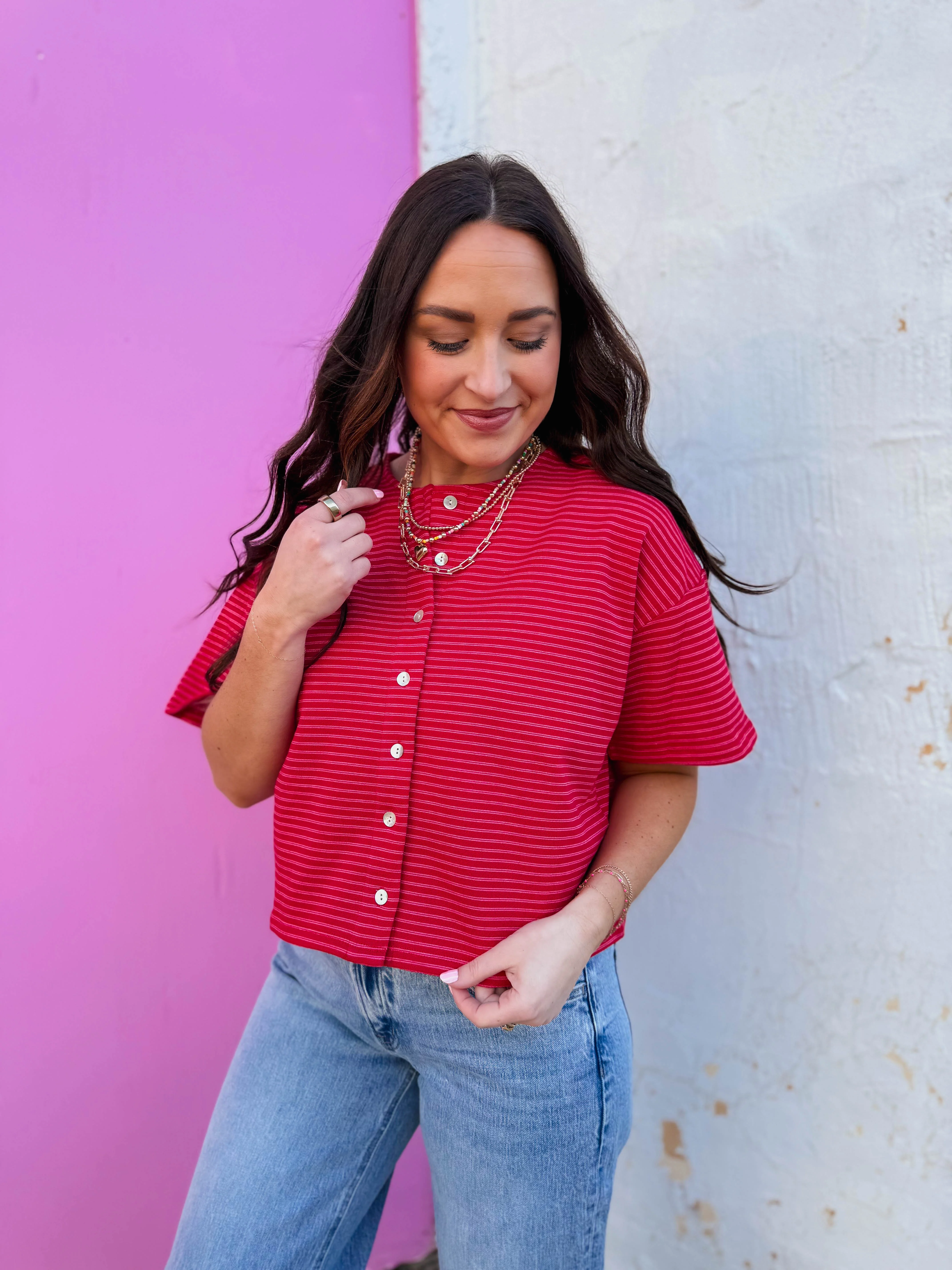 Camden Striped Button Down Tee-Cherry/Pink - Image 5