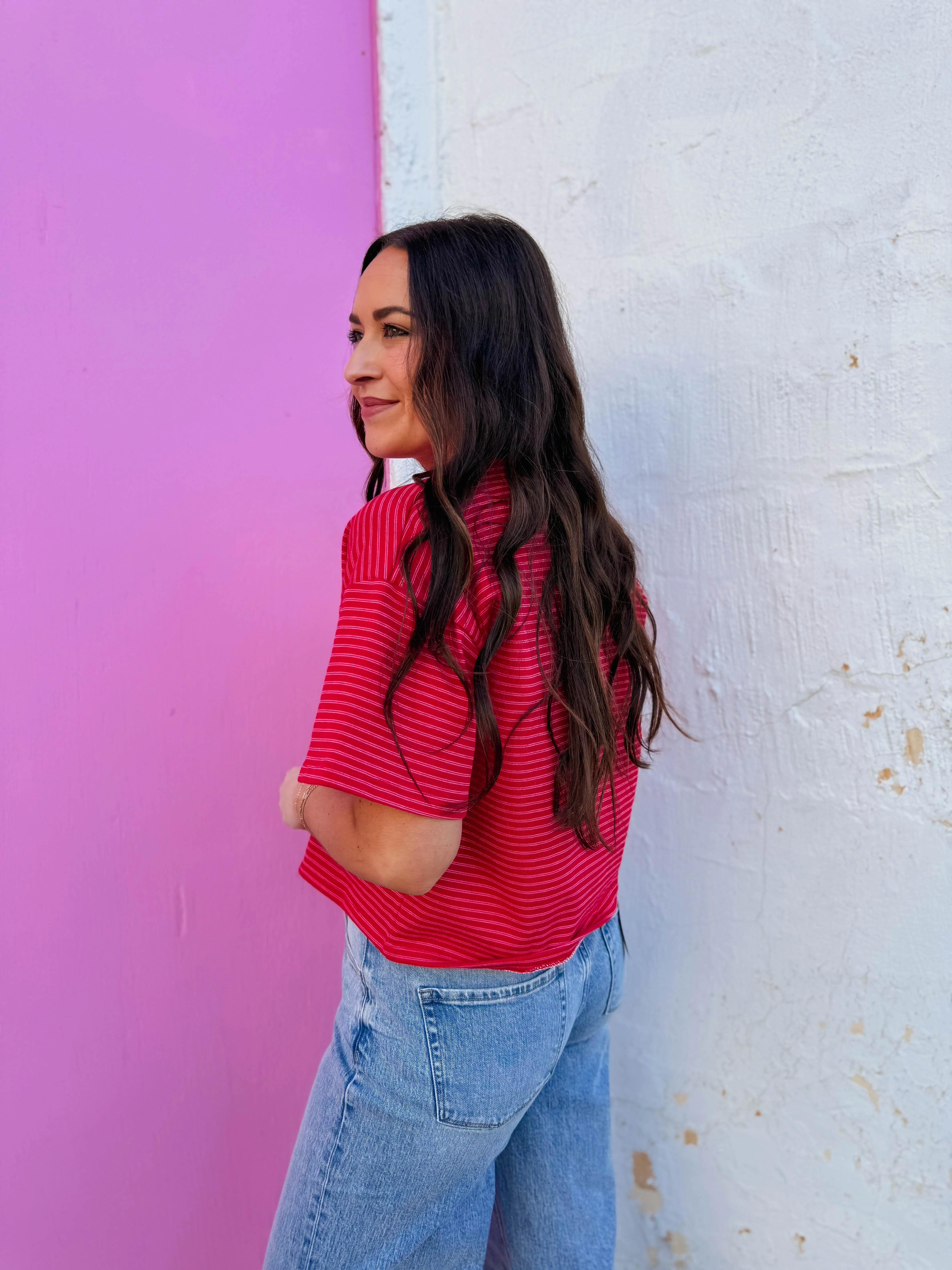 Camden Striped Button Down Tee-Cherry/Pink - Image 6