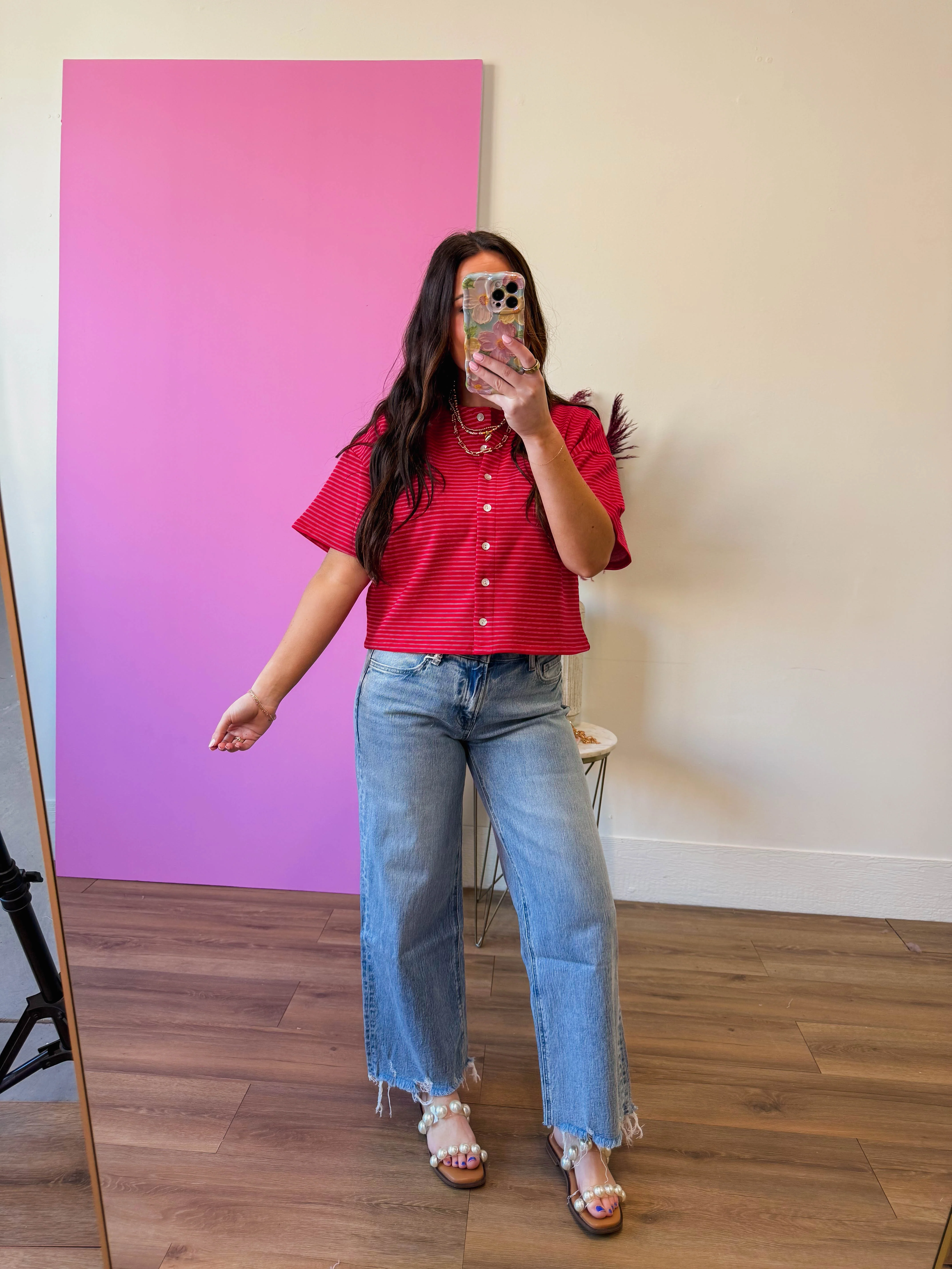 Camden Striped Button Down Tee-Cherry/Pink - Image 7