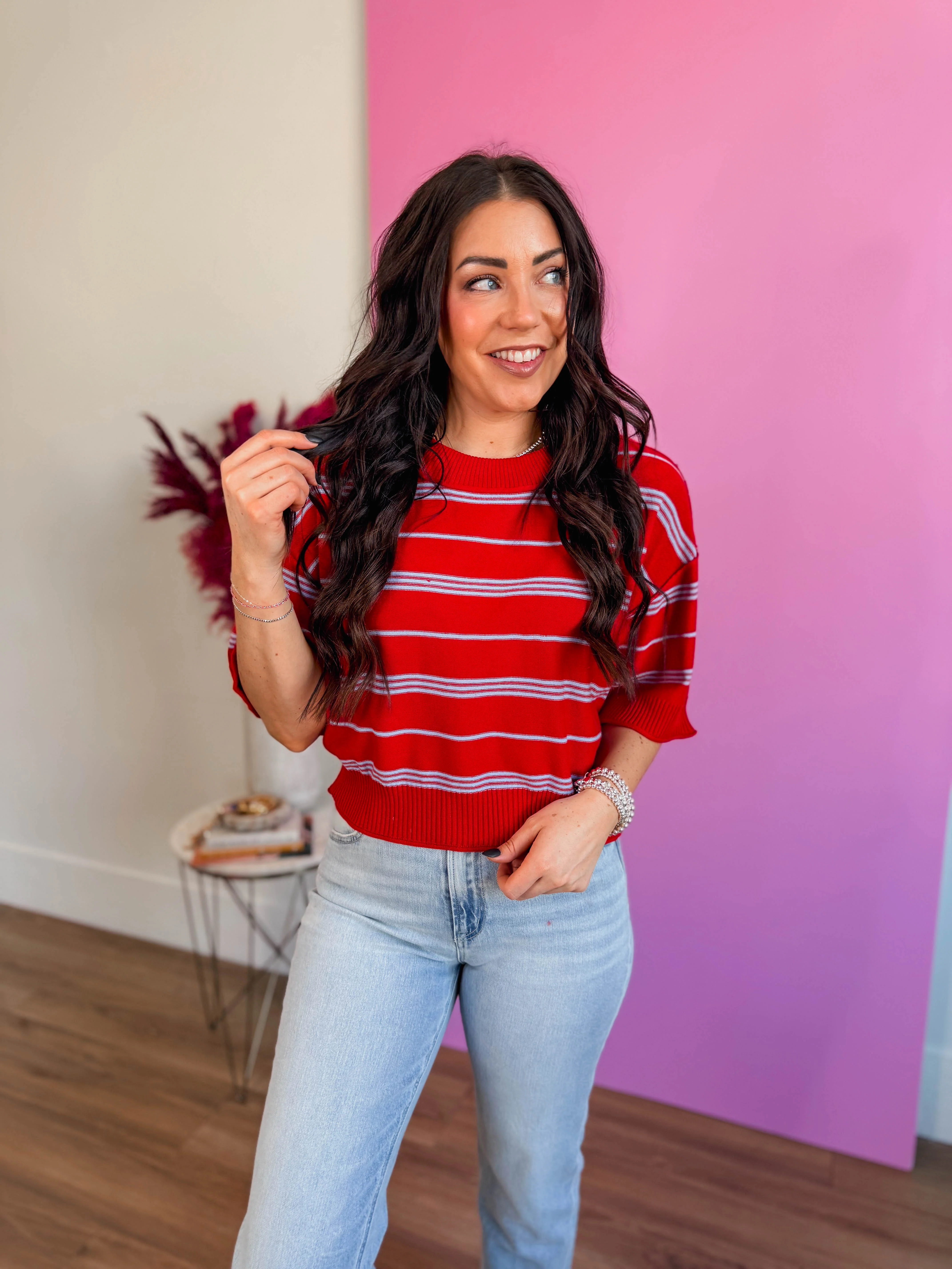 Kaelyn Striped Knit Top-Red - Image 3