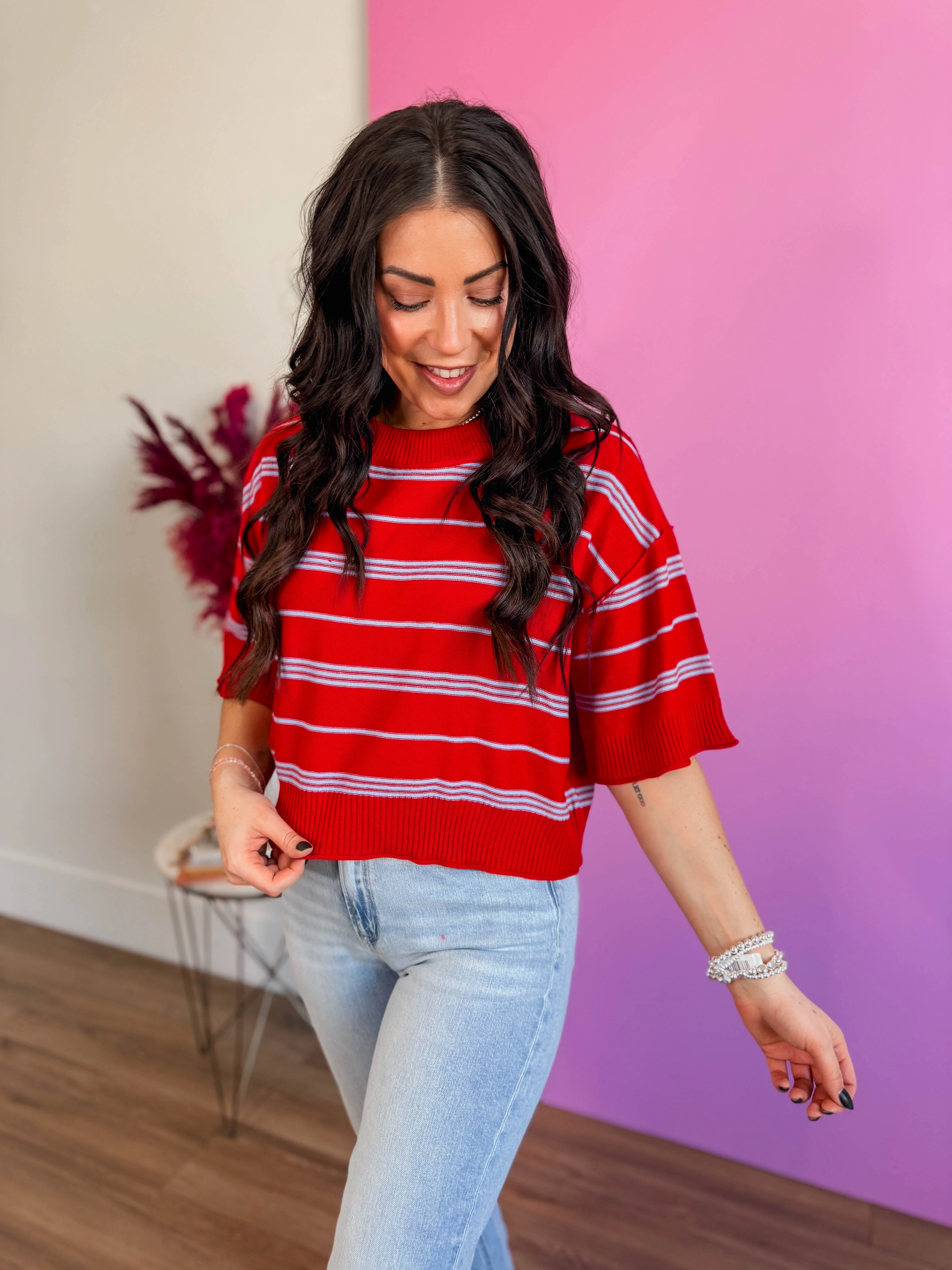 Kaelyn Striped Knit Top-Red - Image 4