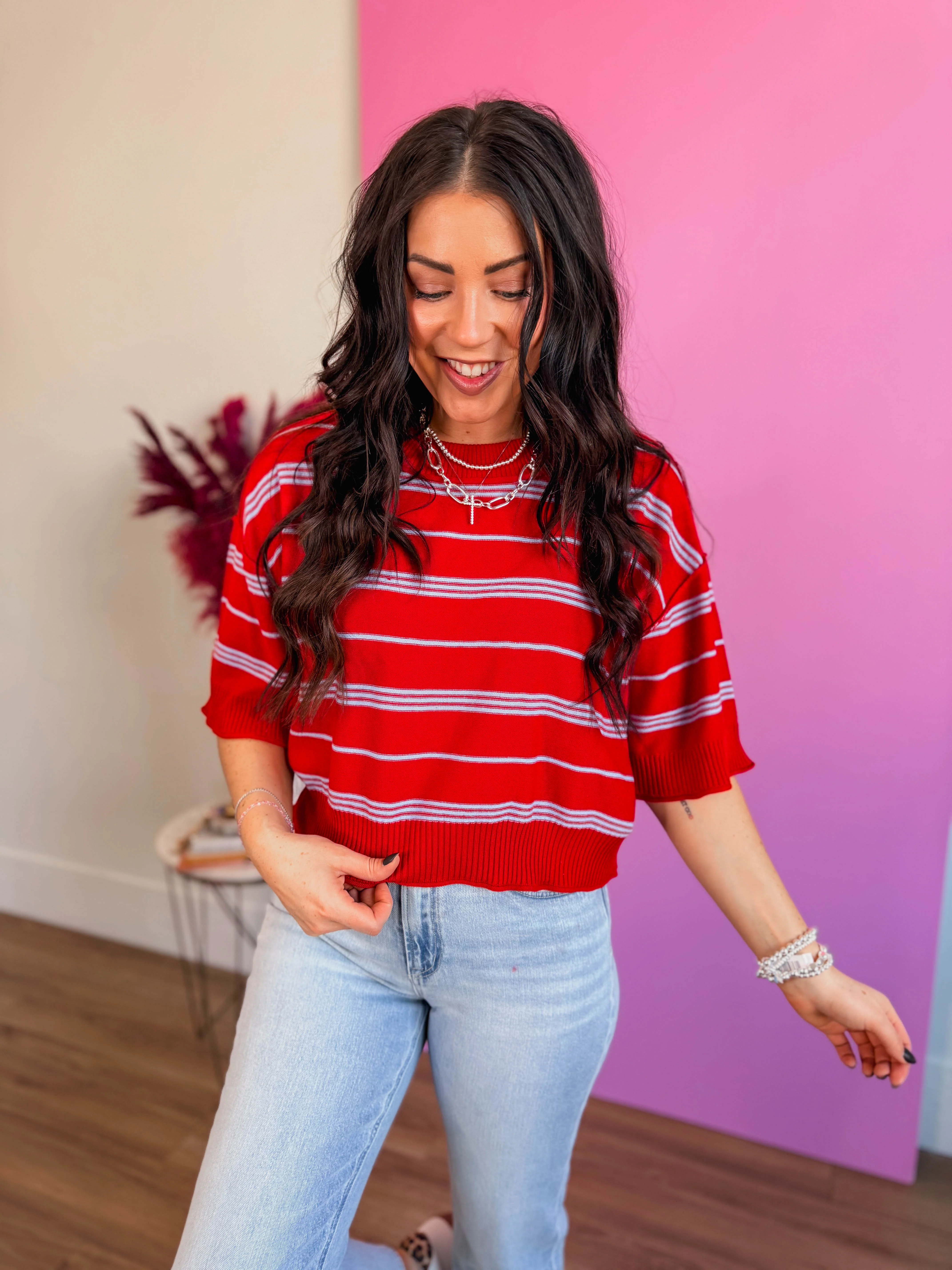 Kaelyn Striped Knit Top-Red - Image 6