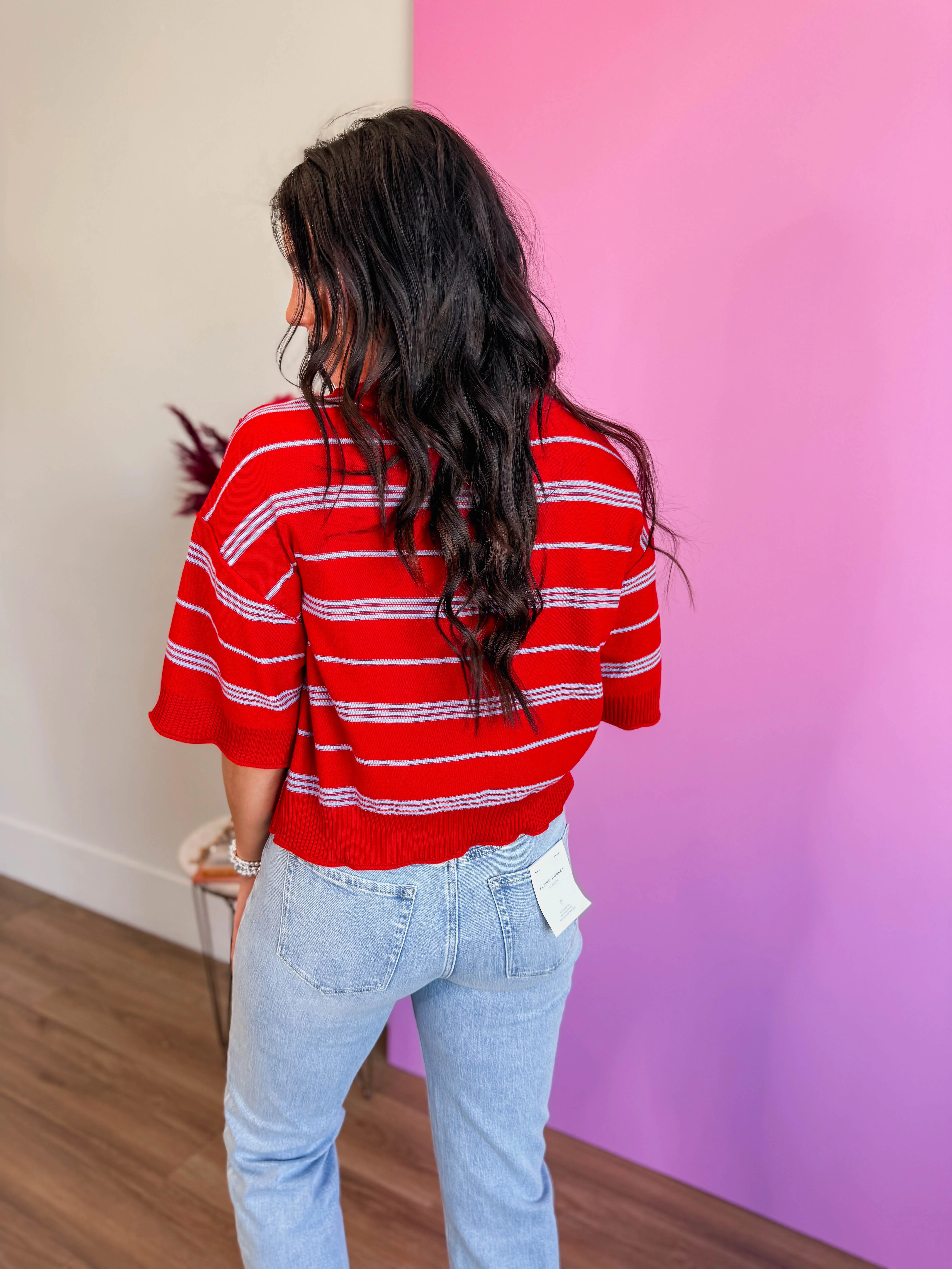 Kaelyn Striped Knit Top-Red - Image 9