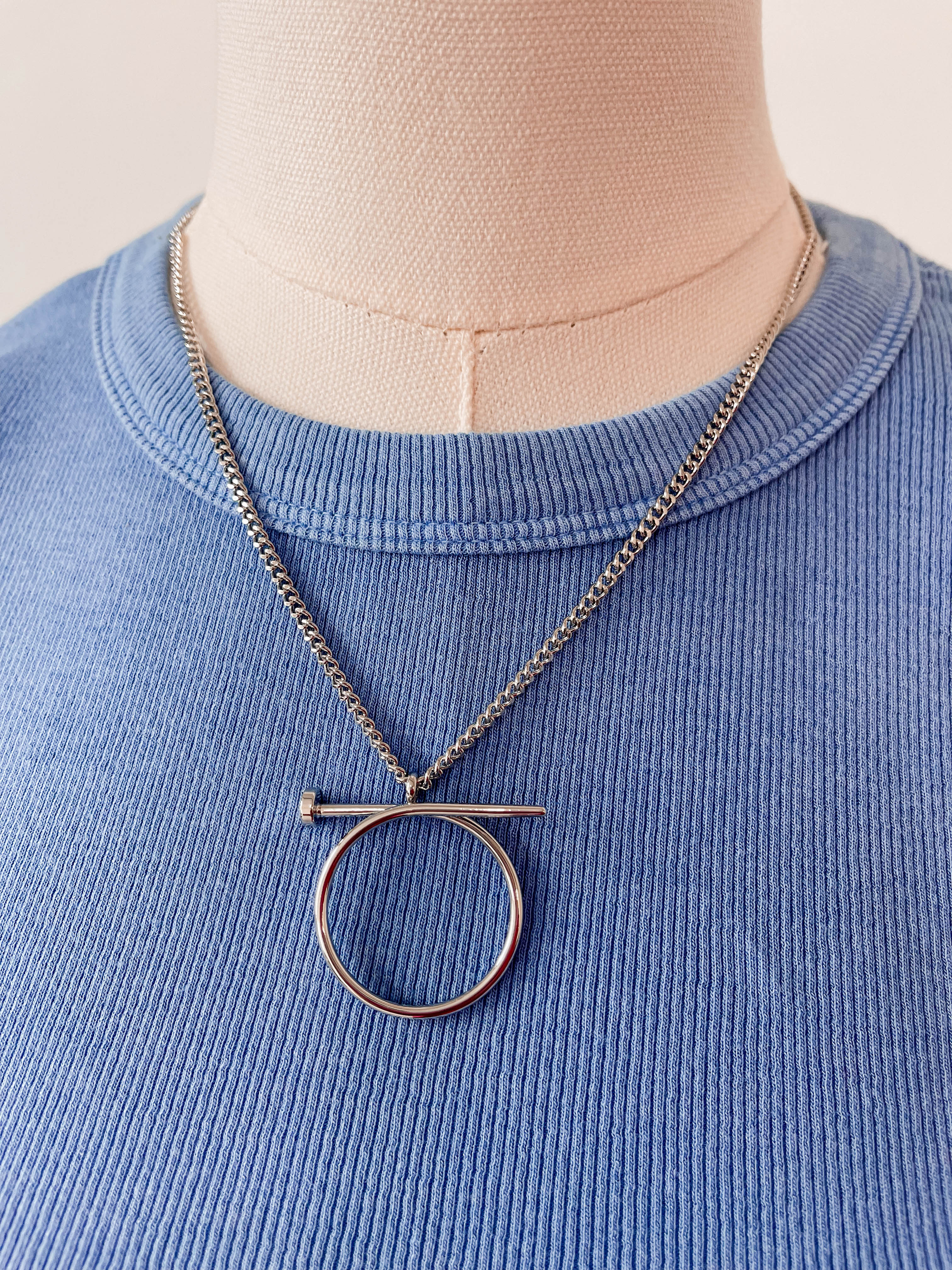 Nail Ring Charm Collar Necklace-Silver - Image 3